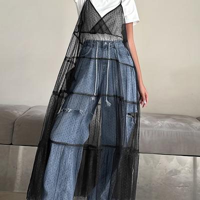 TEMU Women's Sheer Mesh A-line Dress With Thin Straps - Lightweight Breathable Casual To Dressy Versatile For Spring Summer Fall, Machine Washable Solid Color Round Neck Long Dress Image