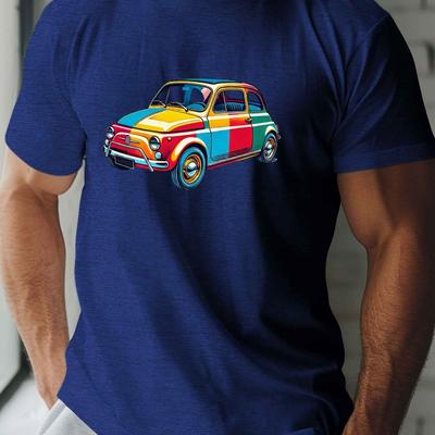 TEMU Car Print T-shirt, 100% Polyester Crew Neck Short Sleeve Tee, Casual Summer Knit Fabric Top With Stretch, Geometric-patterned Regular Fit Shirt - 150gsm Image