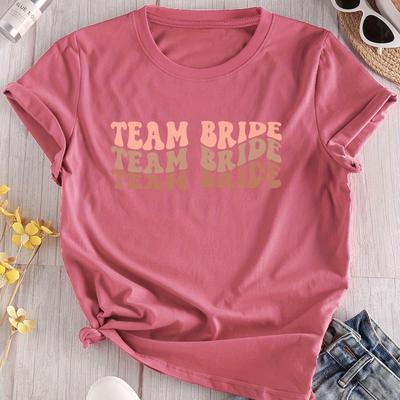 TEMU 1pc Polyester T-shirt - Casual Crew Neck, Short Sleeve, Alphabet Print, Knit Fabric, Top For Bridesmaids Image