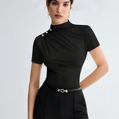 TEMU Elegant Peach Ruched Short Sleeve T-shirt For Women - Solid Color, Button Detail, High Stretch Polyester, Spring/summer Business Attire, Ladies T Shirt Image