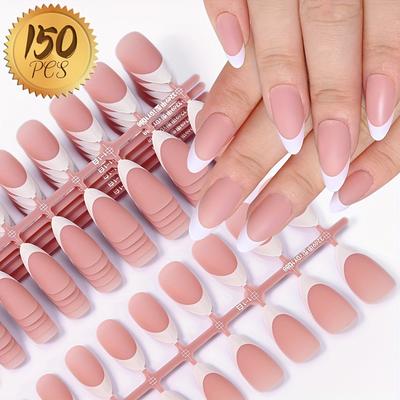 TEMU 150pcs Nude Pink Almond Shaped Press-on Nails, Medium Length, Geometric & Gradient Pattern, Matte , Soft Gel Nail Tips Set With Pre-application Primer, Easy Manicure Fake Nail Kit Image