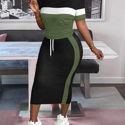 TEMU Fashionable Women'-piece Set Featuring A Round Neck Short-sleeve Top And A High-waisted Drawstring Skirt. Image