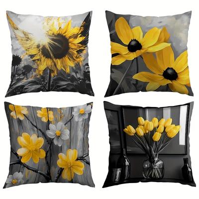 TEMU 4pcs Spring Gray Tone Flame Yellow Daisy Vase With Pillow Covers, Velvet Printing , Suitable For Indoor Sofa, Bedroom, Car Decoration, And Office, Insert Not Included. Image