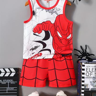 TEMU Boys' Suit Spring And Autumn Style Personalized Print Round Neck Sleeveless No Want And Shorts Two-piece Set Casual Fashionable Small And Medium Children's Suit Image