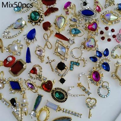 TEMU Mixed 30/50pcs Fashion Vintage Golden Large Diamond Pearl Nail Ornaments Jewelry 3d Alloy Nail Decorations For Decoratio Image