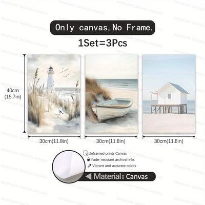 TEMU 3pcs/set White Lighthouse On The Beach Wooden Boat Cabin Wall Art Canvas Print, Suitable For Living Room Bedroom Bathroom Office Kitchen Wall Decoration, Home Decor Gift, Unframed Image