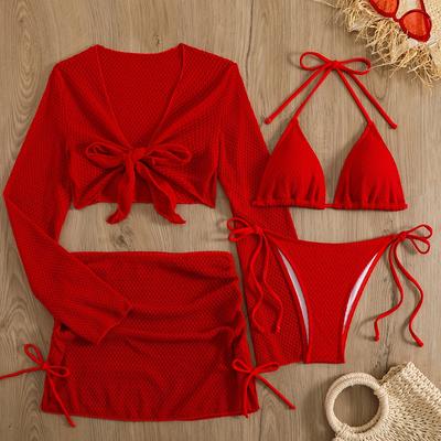 TEMU 2025 New European And American Conservative Four-piece Sun Protection Solid Color Cover-up Mesh Skirt Bikini Women's Swimwear Image