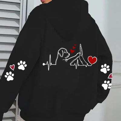 TEMU Women' Black Hooded Jacket With Dog & Heart Rate Print, Long Sleeve Zipper Coat With Pockets, Fall/winter Casual Wear, Cute Jacket Image