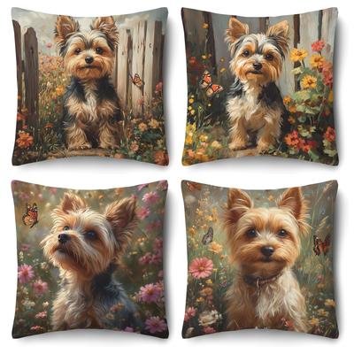 TEMU 4pcs Modern Yorkshire Terrier Print Pillowcase, 18x18 Inch, Decorative Cushion Cover With Zipper, Machine Washable, Animal Pattern Room Sofa Image
