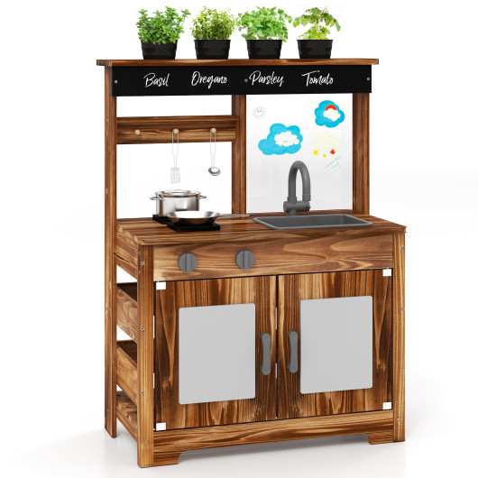 Costway Mud Kitchen Fir Wood Play Kitchen with 4 Panting Pots Faucet Removable Sink-Natural