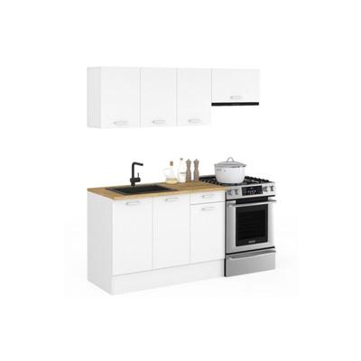Komplettküche 180 cm subtil mit 5-teiliger Arbeitsplatte in Weiß und Holzplatten