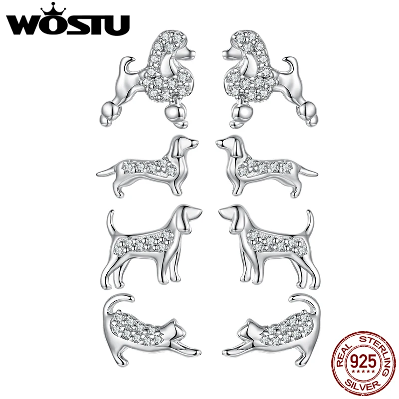 WOSTU 925 Sterling Silver Mini AAA Zircon Pet Cat Dog Stud Earrings For Women Lovely Poodle Dachshund Animal Studs Family Gift
