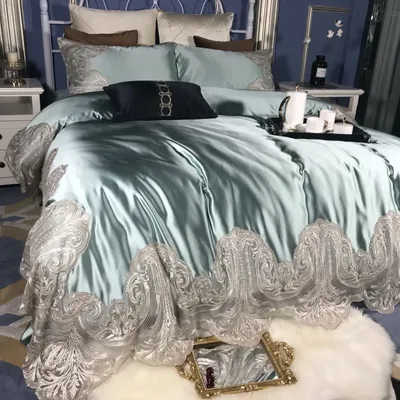 4/6-teiliges Bettwäsche-Set im minimalistischen Stil mit Spitzenkante, Bettbezug aus Seide und Baumwolle, weiches Laken, Kissenbezug, Twin-Full-Queen-Size-Bettwäsche