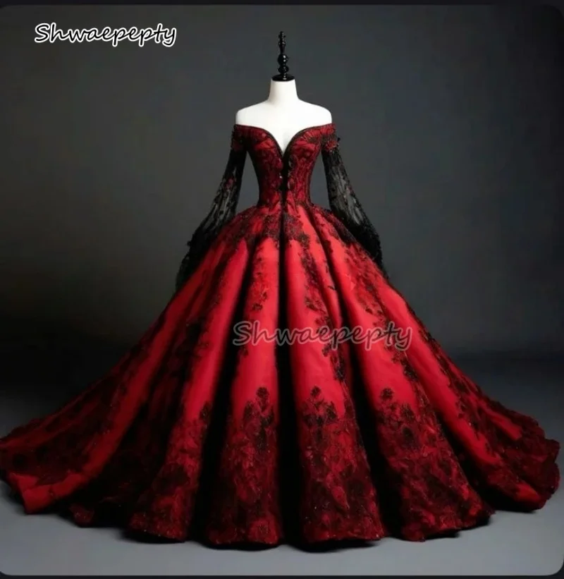 Rotes und schwarzes Hochzeitskleid, schulterfrei, lange Ärmel, Vintage-Gothic-Brautkleid, Falten, Korsett, Schnürung, Vestido, individuell gestaltet
