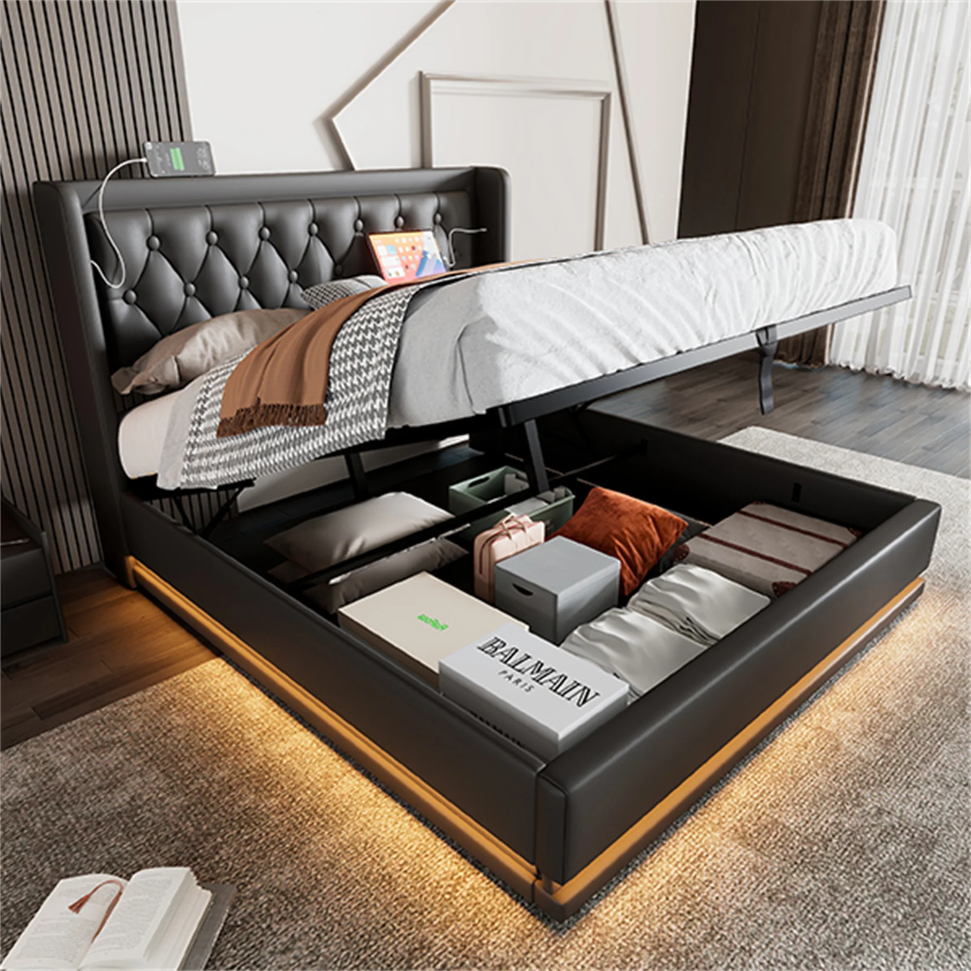 Boxspringbett Polsterbett 90/140/160/180 x 200 cm mit 3-seitige LED-Beleuchtung und Kopfteil mit USB Typ-C-Ladeanschluss, Hydrau Image