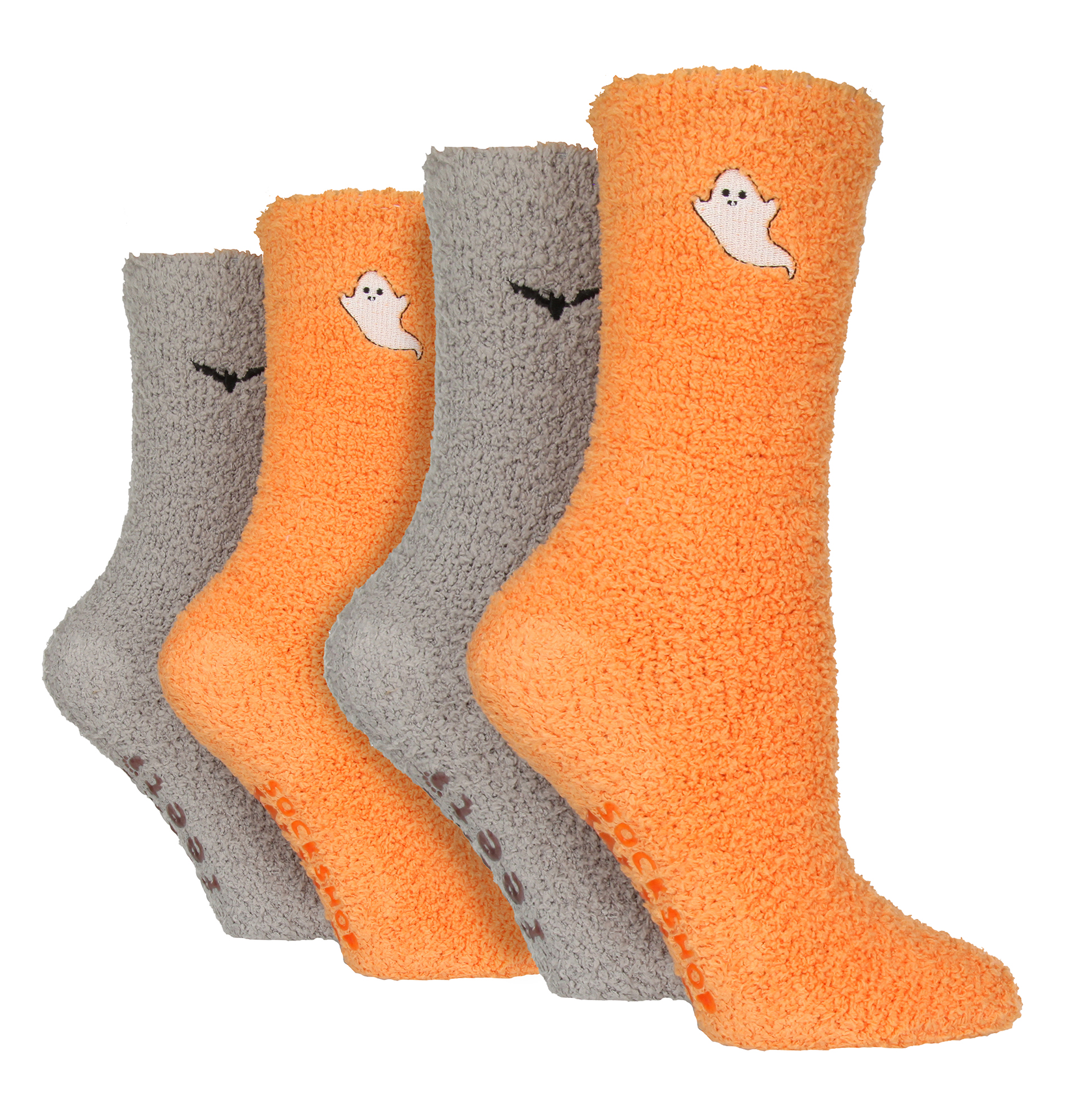 4er Pack Damen Schlafsocken | Wildfeet | Gemütliche weiche Fleece-Thermo-Slipper-Loungesocken für Frauen - Halloween Image