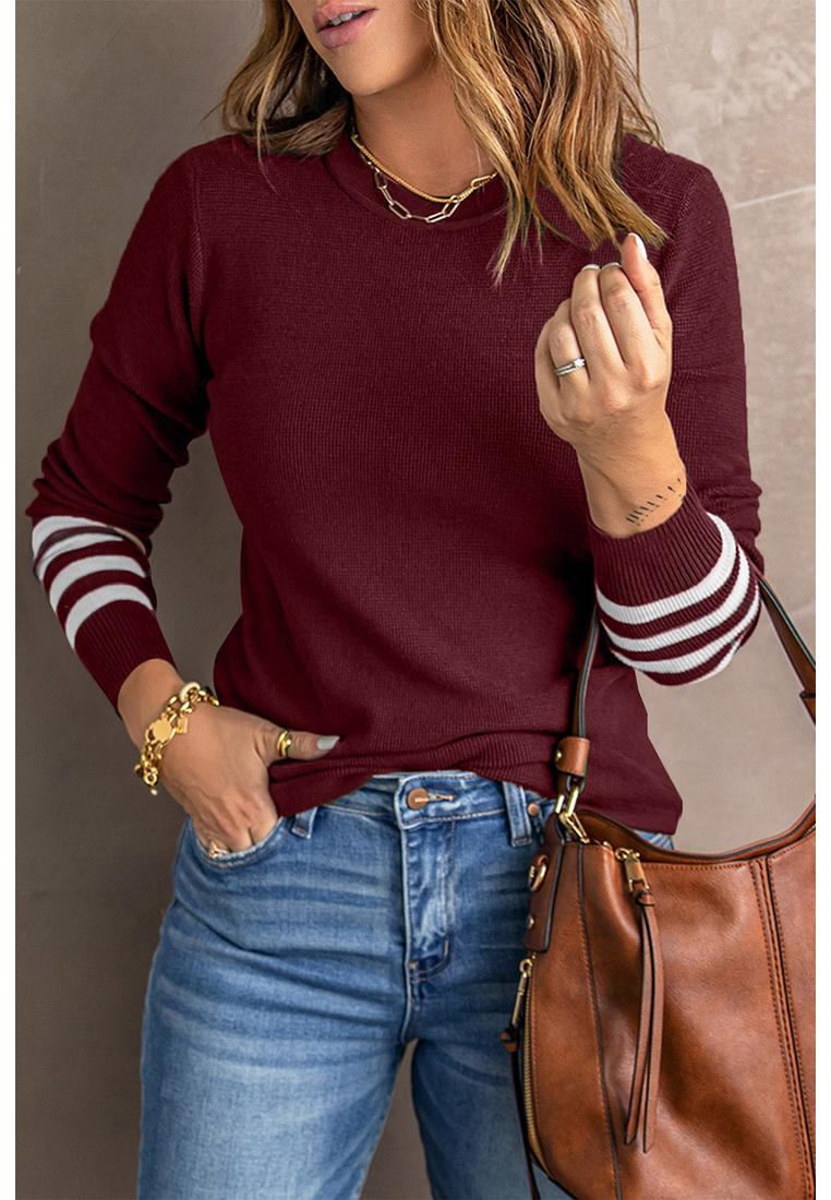 Azura Exchange Roter gestreifter Ärmel Schlichter Strickpullover Image