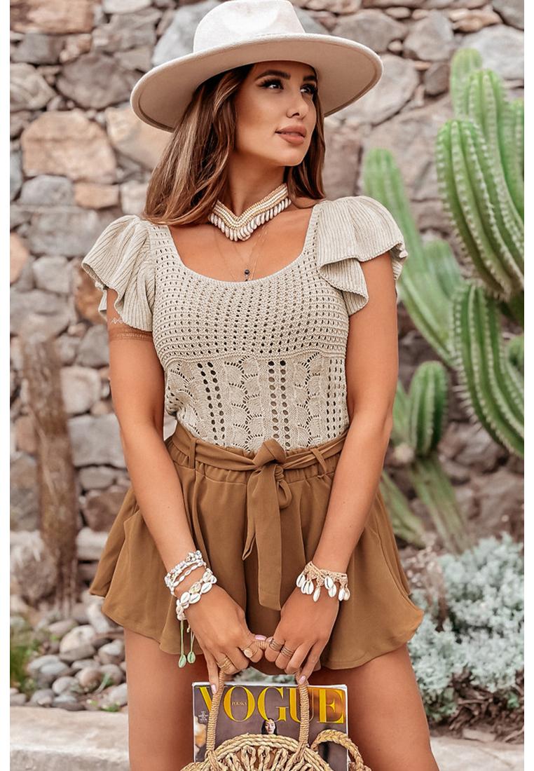 Azura Exchange Beiger Pointelle Strickpullover mit Flatterärmeln Image