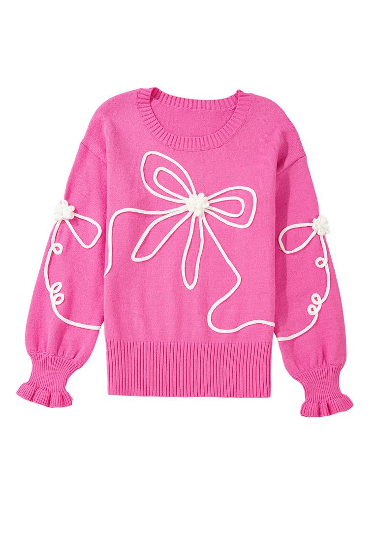 Azura Exchange Heller Pink Kordel Blüten Schleifen Ripp-Trim Casual Pullover Image