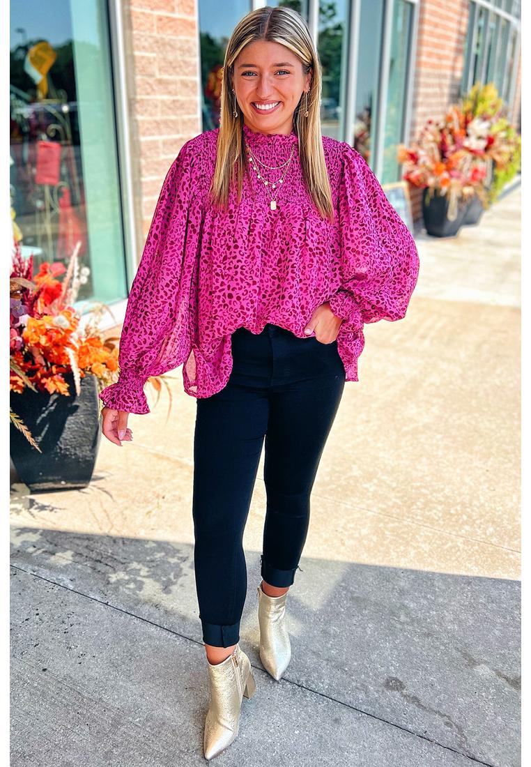 Azura Exchange Rose Leopard Rüschenschlupfbluse mit Puffärmeln Image