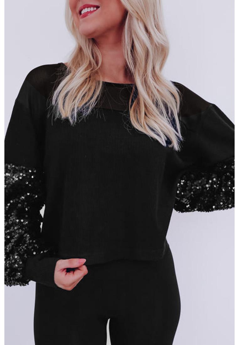 Azura Exchange Schwarze Pailletten Patchwork Bluse mit Laternenärmel Image