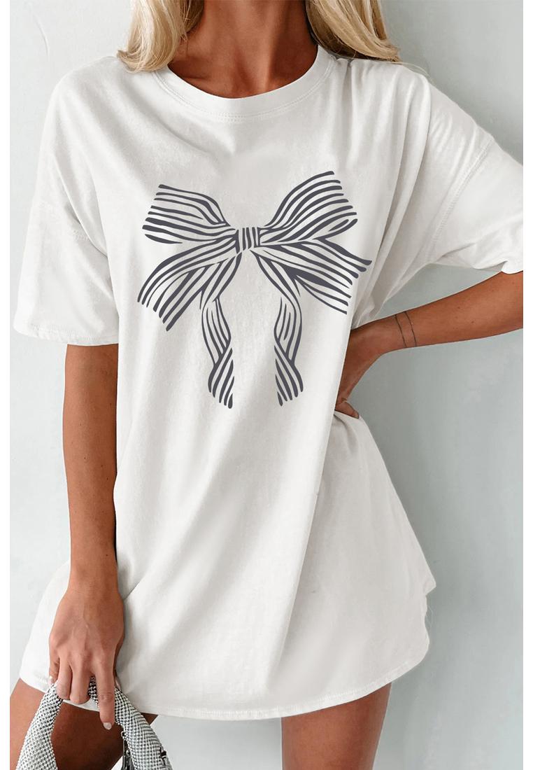 Azura Exchange Weiß Gestreifter Schleifen-Knoten Halbarm Tunika T-Shirt Image