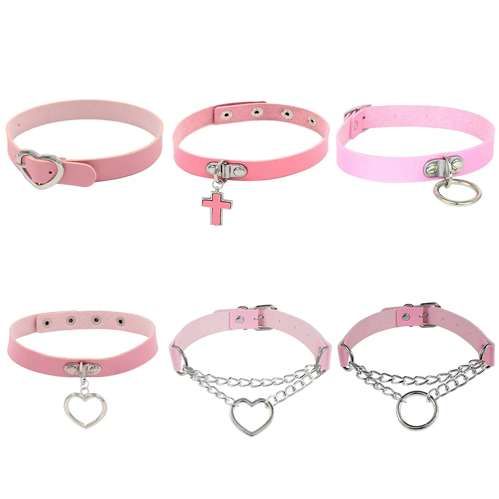 2024 mode Rosa Herz Ringe Niet Halsband Halskette PU Leder Punk Rock Kragen Bondage Halsband Gothic Schmuck Party Halsketten