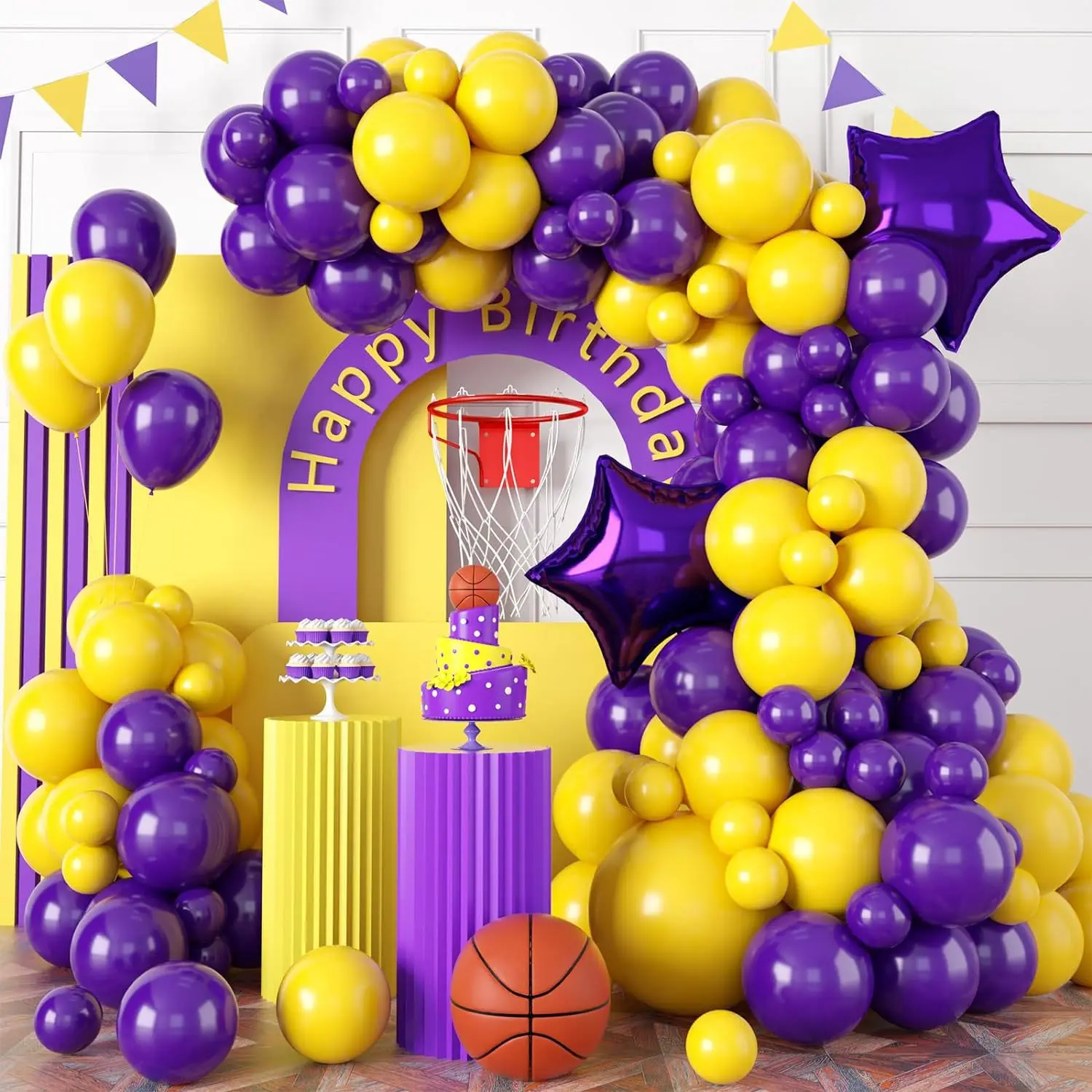113 Lila Gold Dynastie Team Ballon Kranz Set, Basketball Wettbewerb Thema Party Dekoration, Kindergeburtstag Fotografie Image