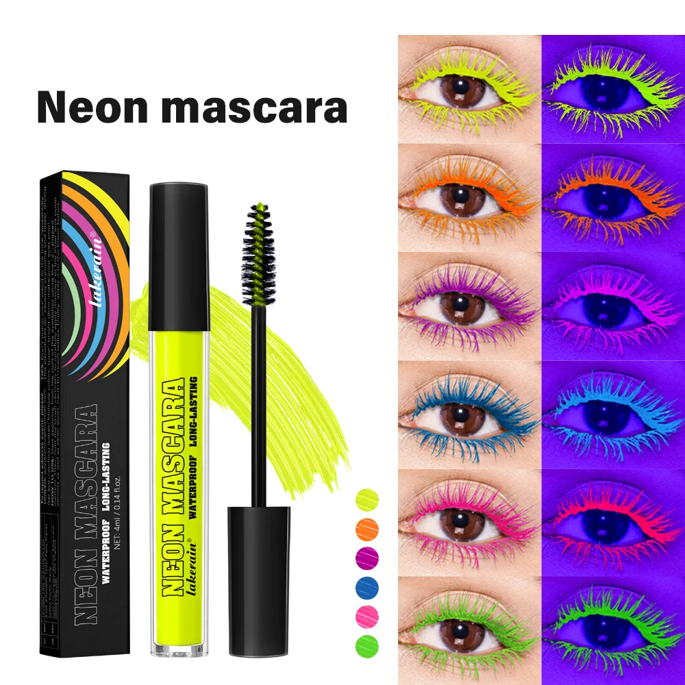 6 Farben Neon-Augen-Mascara, leuchtende Farben, fluoreszierend, 24 Stunden langlebig, wasserfest, wischfest, für Camival-Party-Make-up Image
