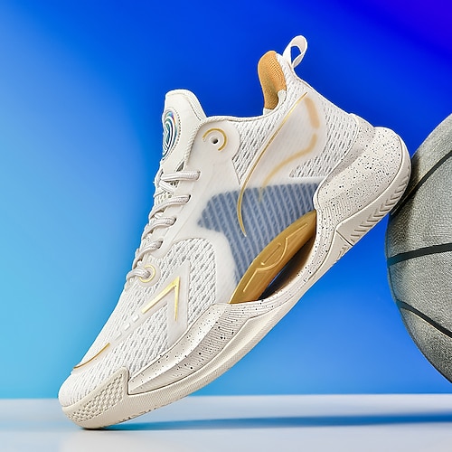 scarpe da basket da uomo bianche e blu con tecnologia ammortizzante: scarpe comode e di supporto per le partite di basket