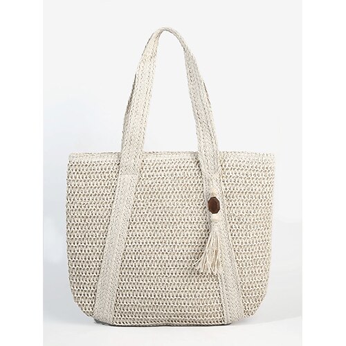 Borsa tote in paglia intrecciata da donna con nappa – grande borsa da spiaggia estiva per vacanze, viaggi e uscite informali, colore bianco, verde, kaki