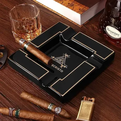 European Style Cigar Ashtray Set - 3 Ceramic Ashtrays with Wide Mouth Slots in a Decorative Gift Box
