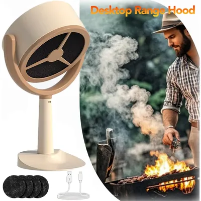 Desktop Range Hood for Kitchen USB Charging Exhaust Fan Hood Adjustable Suction Absorbs Oil Air