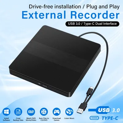 2-in-1 USB3.0 Type-C External DVD RW CD Writer Drive Burner Reader Player CD-ROM DVD-ROM Optical