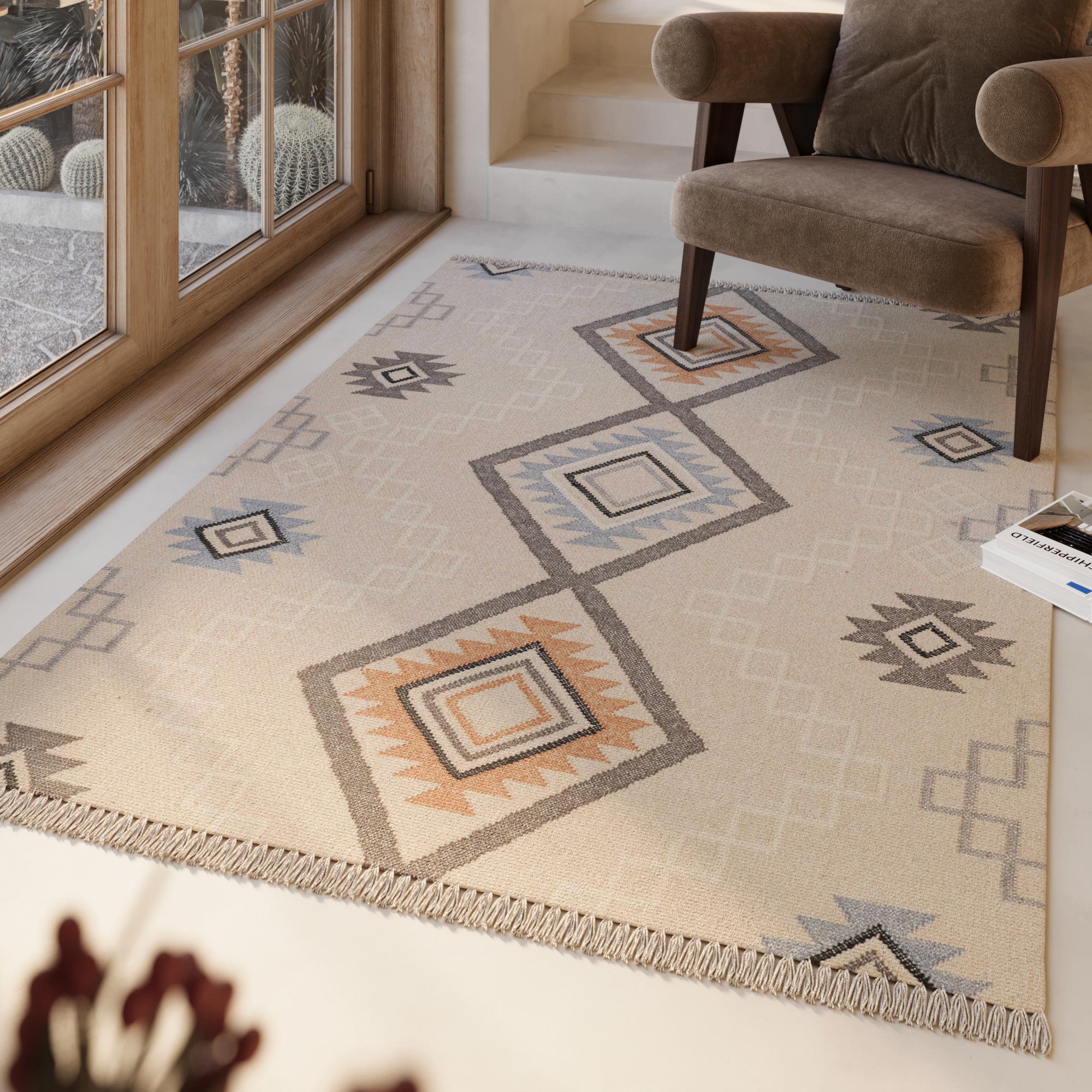 Wollteppich GREEN LOOOP "Jong", beige (creme beige), B:240 H:5 L:340, Wolle, Teppiche, Fransen, Kelim, handgewebt, Natur, Wohnzimmer, Schlafzimmer, Raute Image