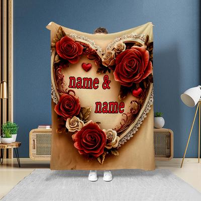 TEMU Customizable Love Heart Blanket, Red Knitted Polyester Flannel, , Soft & , Washable, Couch & Bed Cover, 200-250g, Rustic Style, 3d With Personalized Names Image
