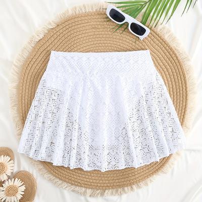 TEMU Women's Lace Trim Triangle Swim Shorts, Solid Color Polyamide & Spandex Briefs, Medium Stretch Knit Fabric, Lace Detail, Beachwear Image