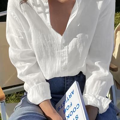 TEMU Elegant White Polyester Casual Shirt For Women - Versatile Long Sleeve, Button-up Blouse With Ribbed Cuffs And Hem, Spring/fall Image