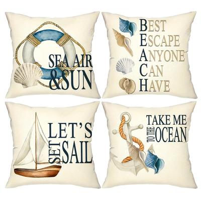 TEMU 4-pack Nautical Pillow Covers, Polyester Woven Sofa Cushion Cases With Conch Anchor Pattern, Hand Wash Only, Zipper Closure, For Home And Bedroom Decor - Pillow Inserts Not Included Image