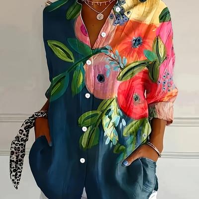 TEMU Day Retro Floral Print Simple Shirt, Casual Button Front Long Sleeve Shirt, Women's Image