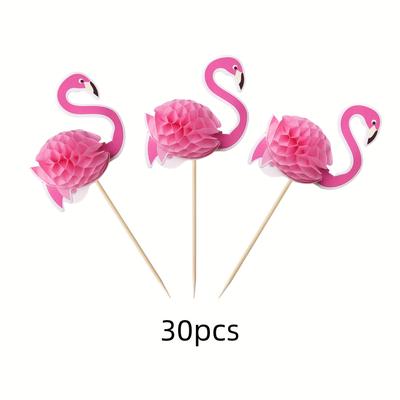 TEMU 30pcs Tropical Flamingo Cupcake Toppers - 3d Wooden Flamingo Picks For Hawaiian Themed Birthday, Wedding, Party Cake Decorations - No Electricity Needed Image