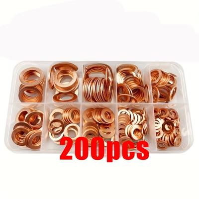 TEMU 200/100pcs Copper Sealing Gasket - Assortment With Flat Ring Seals, Nuts, And Bolts - Complete Set In Sturdy Box For Applications Image