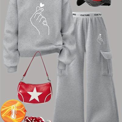 TEMU C5 K13 Autumn And Winter Printing Sweater Overalls Suit Pocket Casual 's Tops Pants Image