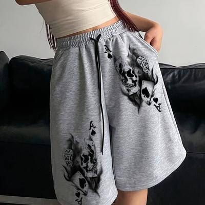 TEMU Women's Casual Skull Print Mid-length Shorts - Relaxed Fit With Drawstring Waist, Black & White Graphic Design, Machine Washable For Spring Summer Fall, Skull Shorts Image