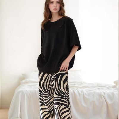 TEMU Spring And Summer Women's Pajamas Casual Short Sleeve Long Pants Set Zebra Print Pants Fashionable And High-end Pajamas Image