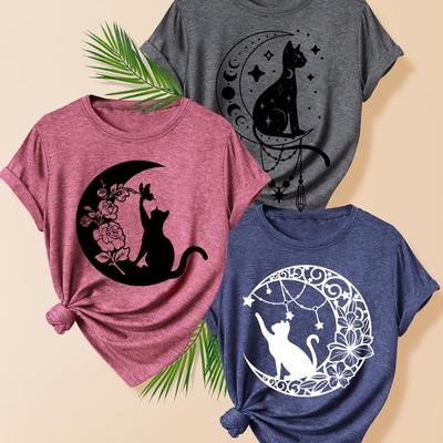 TEMU Creative Moon Cat Pattern Three-piece Set: Family, , Sisters - Printed Fashion Retro Style Women's Summer Casual Sporty Round Neck Short Sleeve T-shirt In Multiple Colors Image