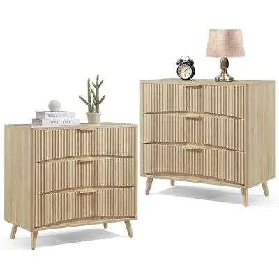 Large Fluted Nightstand with 3 Drawer, 31.5W×29“H Light Wood Night Stand Bedside Table, Mid Century