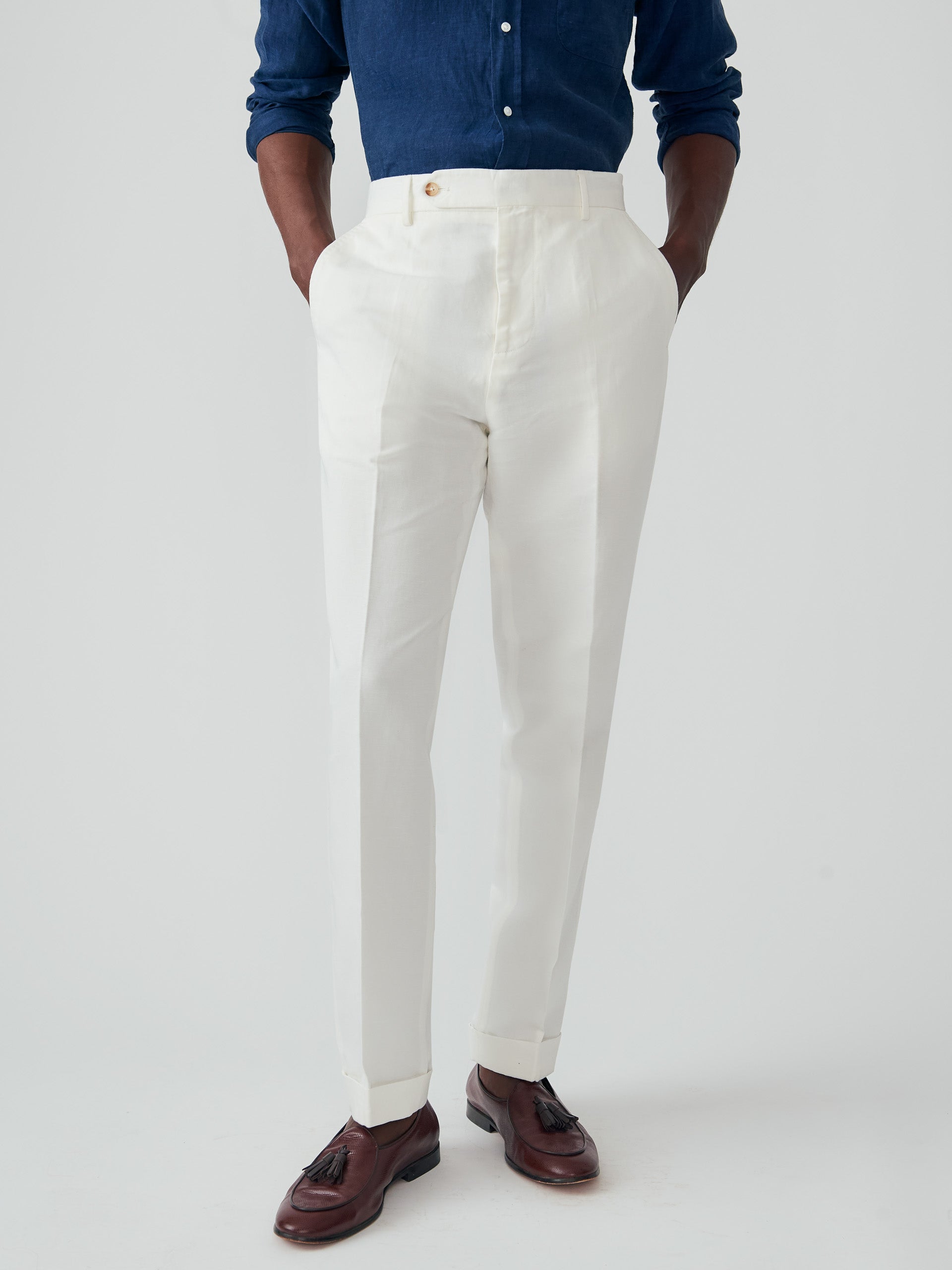 J.McLaughlin Men's Linen Cotton Twill Oxford Pants White, Size 42 | Cotton/Linen