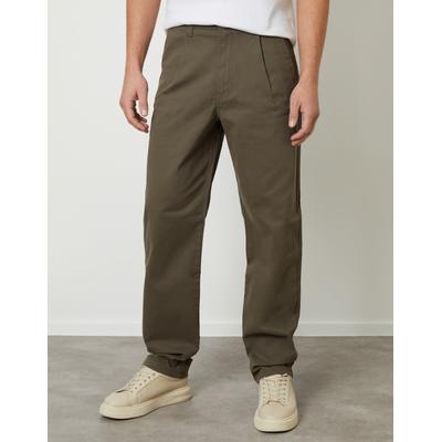 Khaki Green Straight Leg Pleated Chino Trousers