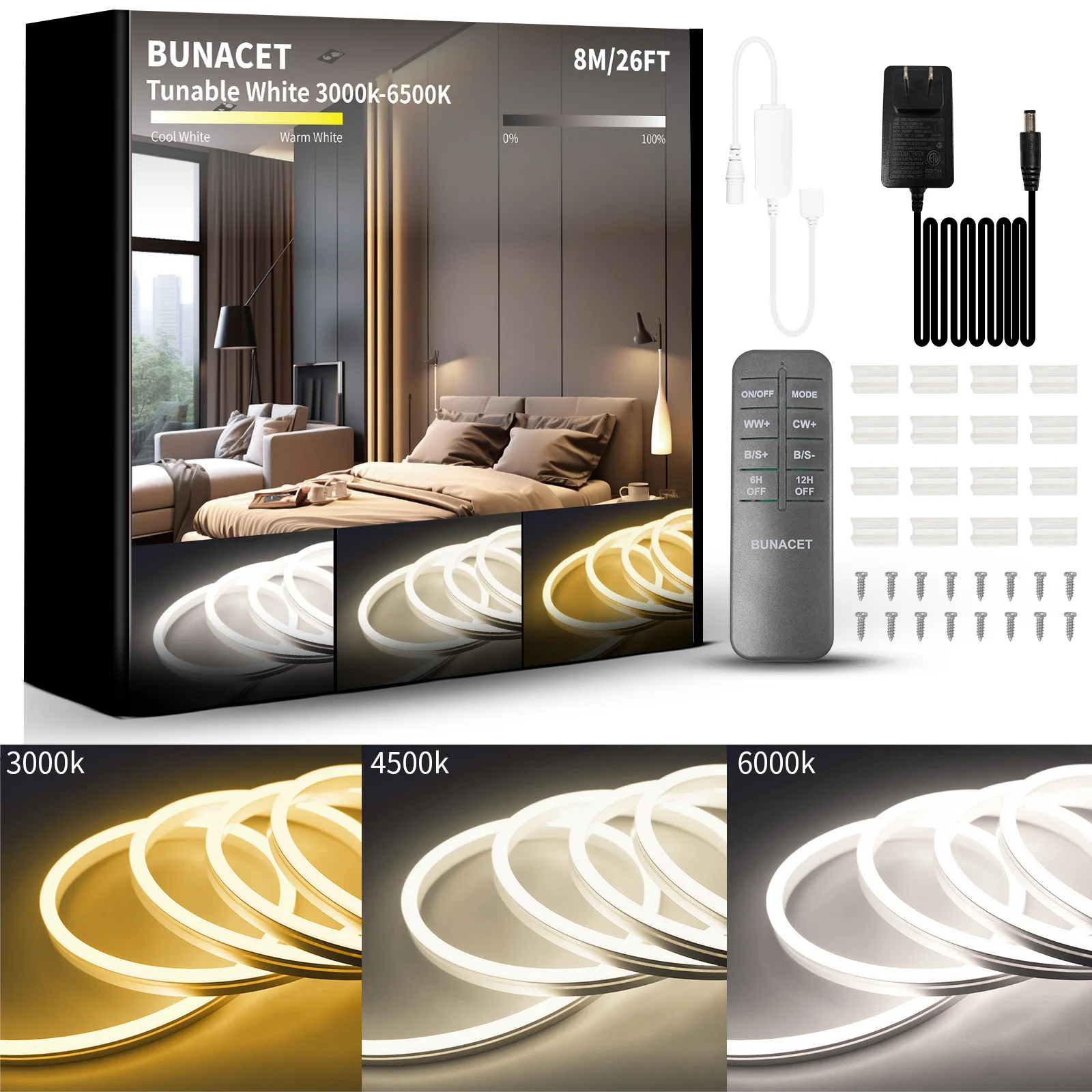 LED-Streifenlichter für den Außenbereich, 8 m, 16 m, 3000 K–6500 K, IP67, wasserdicht, abstimmbare Lichter, RF-Fernbedienung mit 24 V DC dimmbarem Neon-Lichtschlauch, Dekor